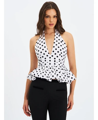 Miss Circle Women's Ilene White and Black Polka Dot Bubble Hem Halter Top