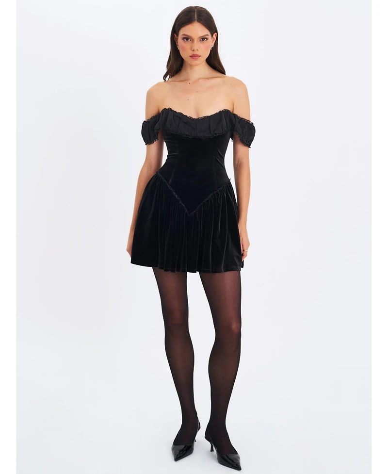 Miss Circle Women's Daisha Black Lace Trimmed Off-Shoulder Ruched Mini Dress