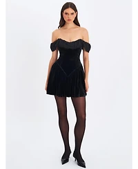 Miss Circle Women's Daisha Black Lace Trimmed Off-Shoulder Ruched Mini Dress
