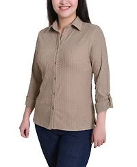 Ny Collection Women's Point Collar Long Sleeve Textured Knit Top