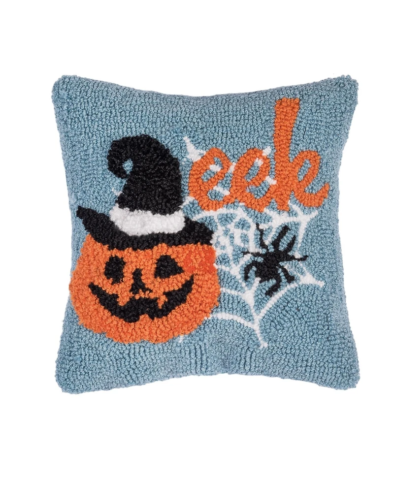 Witch Hat on Jack O' Lantern "Eek" Mini Hooked Halloween Accent Pillow 12" x 12"