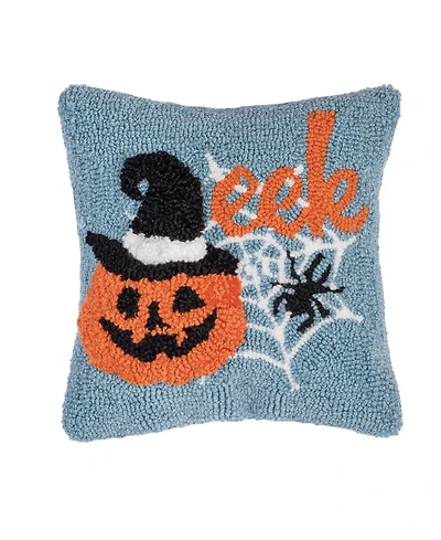 Witch Hat on Jack O' Lantern "Eek" Mini Hooked Halloween Accent Pillow 12" x 12"