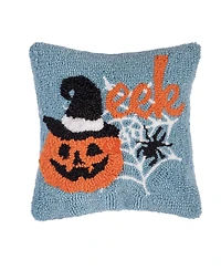 Witch Hat on Jack O' Lantern "Eek" Mini Hooked Halloween Accent Pillow 12" x 12"