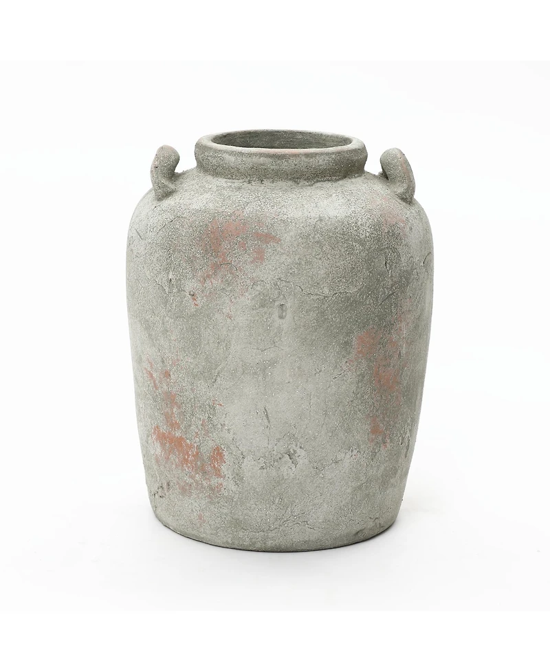 LuxenHome Rustic Old-World Gray with Brown 13.4-Inch Tall Round Terracotta Jug Vase with Handles