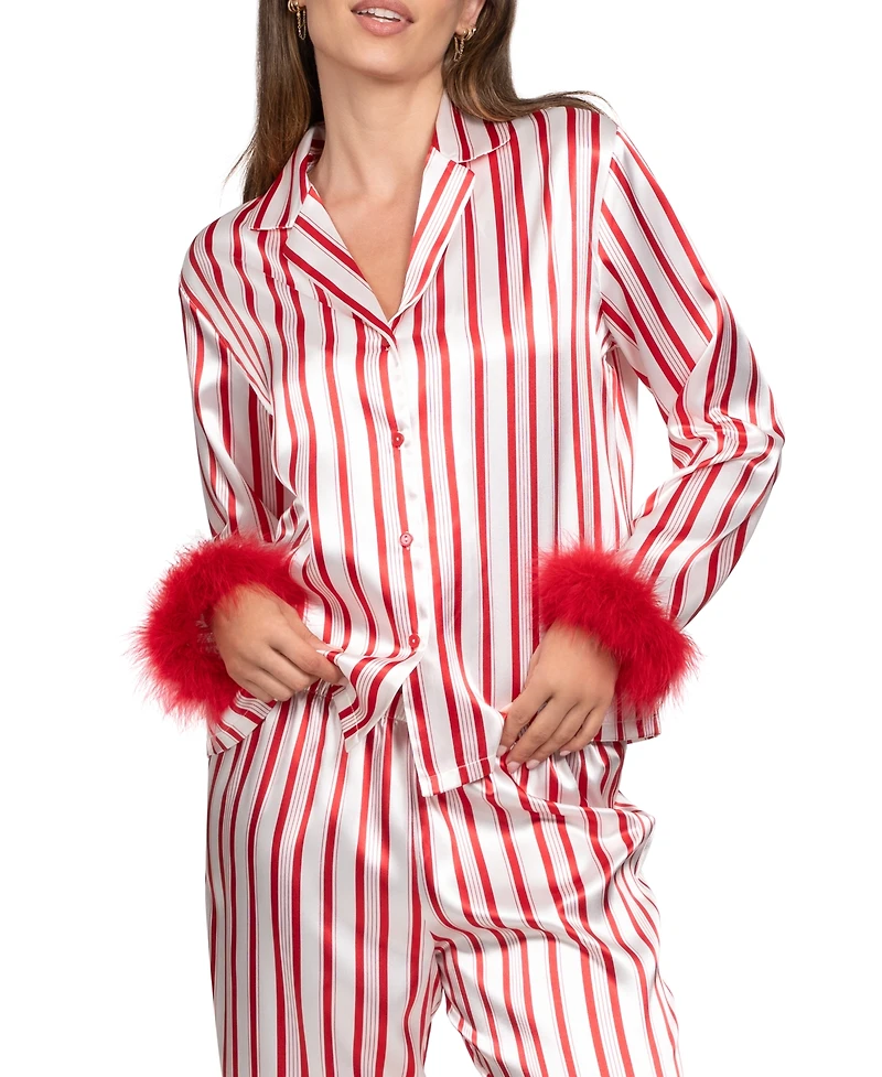 Linea Donatella Women's 2-Piece Marabou Stripe Top and Pants Pajama Set