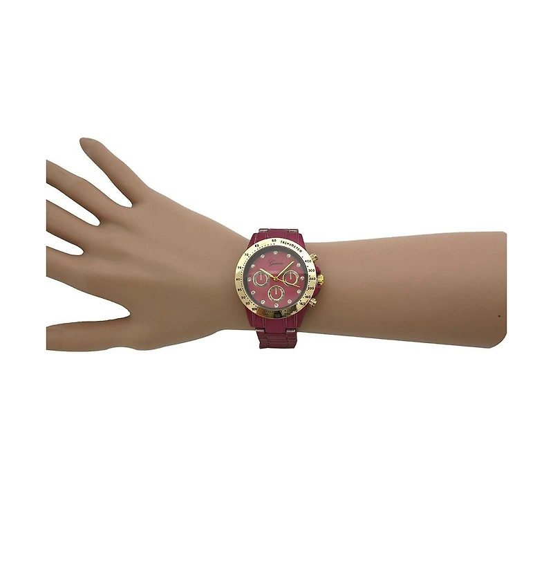Fuchsia Solid Color Metal Three Dial Women Watch