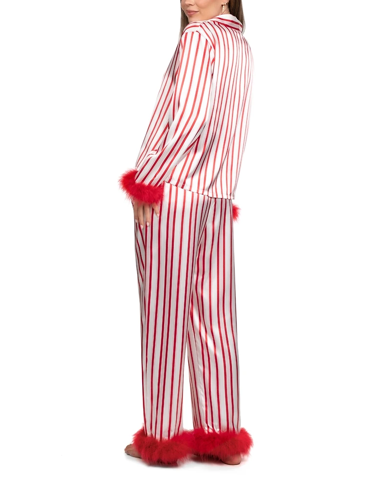 Linea Donatella Women's 2-Piece Marabou Stripe Top and Pants Pajama Set