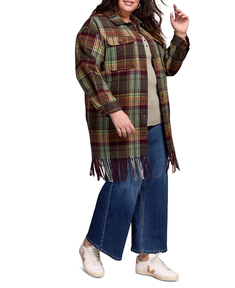 Tribal Plus Brushed Plaid Fringe-Hem Button-Front Shirt Jacket