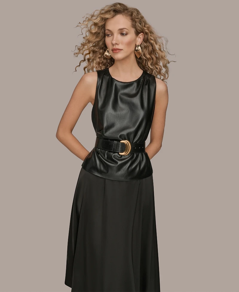 Donna Karan New York Women's Sleeveless Mixed Media Belted Midi Dress