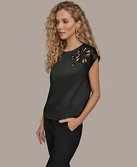 Donna Karan New York Women's Embroidered Cap Sleeve Crewneck Top