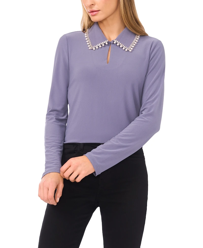 CeCe Women's Rhinestone Embellished Long Sleeve Collared Top