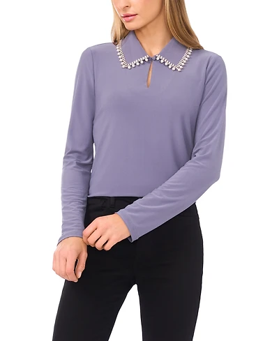 CeCe Women's Rhinestone Embellished Long Sleeve Collared Top
