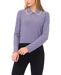 CeCe Women's Rhinestone Embellished Long Sleeve Collared Top