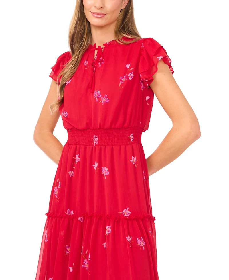 CeCe Women's Flutter Sleeve Smocked Tiered Midi Dress
