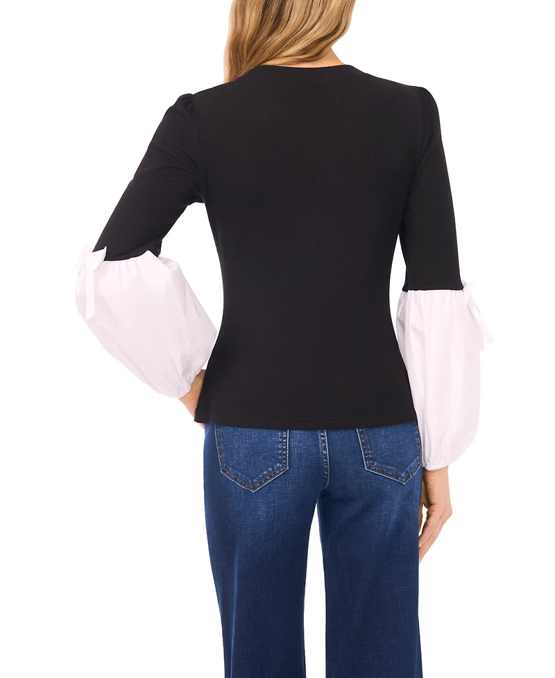 CeCe Women's Mix Media Rib Knit Balloon Long Sleeve Blouse