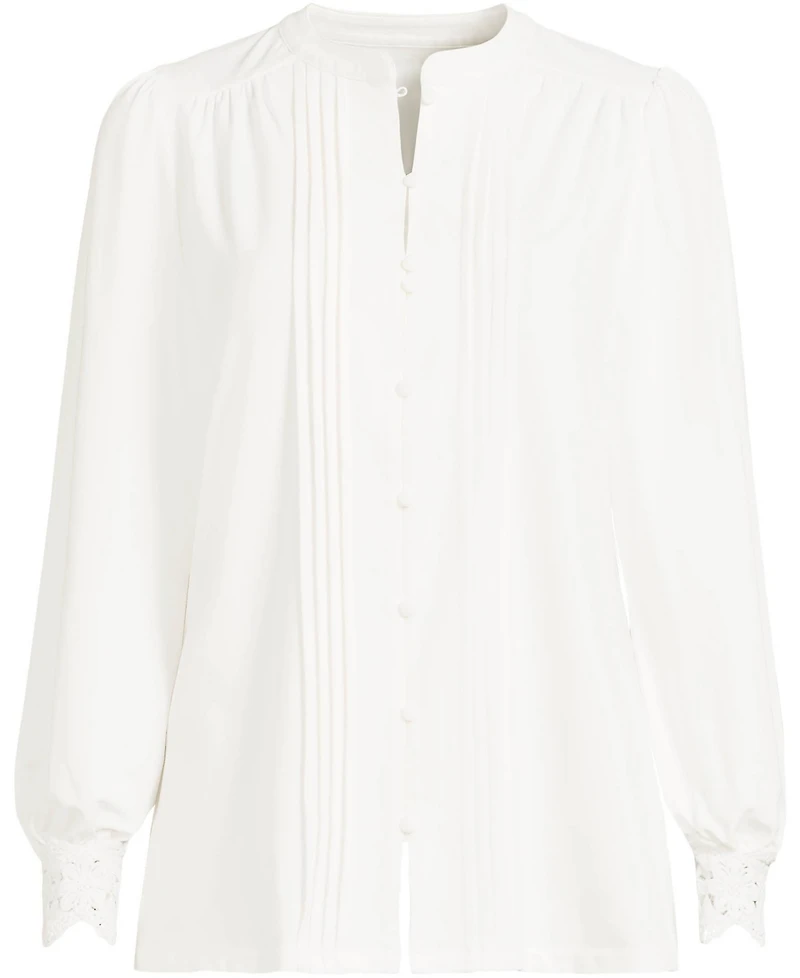 Lands' End Women's Lightweight Jersey Long Sleeve Button Front Pintuck Top