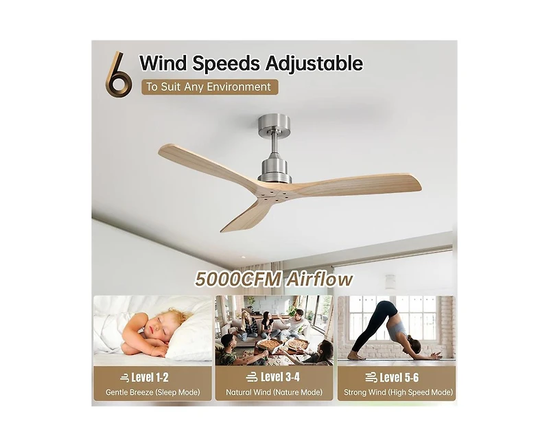 52-inch Modern Sand Nickel 3 Blades Walnut Ceiling Fan with 6 Speed Remote control and Timing and Forward Reverse Rotation Function for Indoor