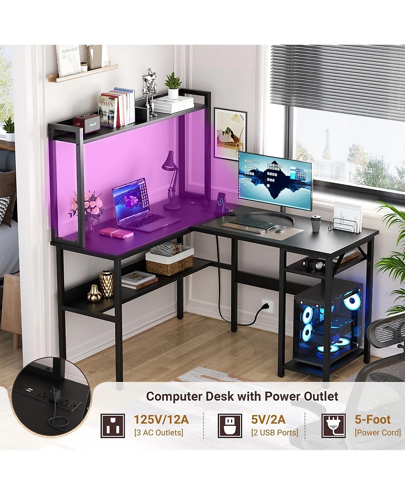 L Shaped Desk with Hutch, Led Lights, Reversible Corner Power Outlet