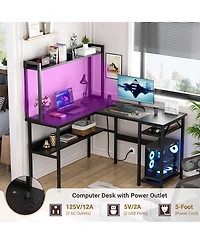 L Shaped Desk with Hutch, Led Lights, Reversible Corner Power Outlet
