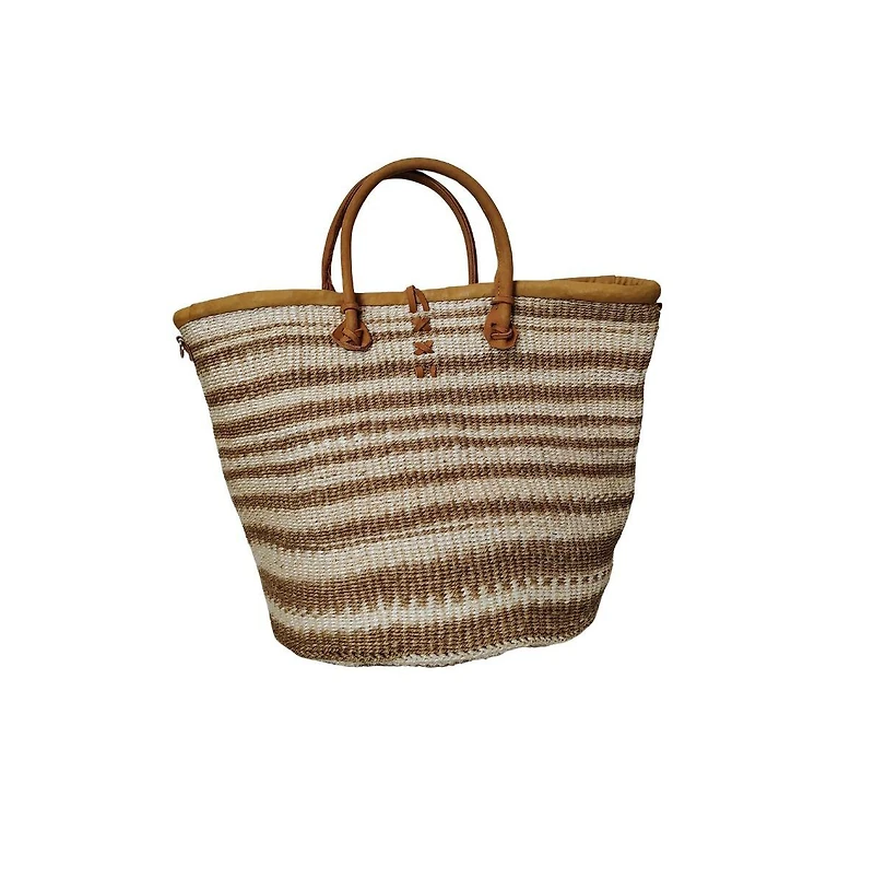 Sawa Sawa Rooted in Life Basket – Handwoven Brown & White Sisal Tote with Leather Trim