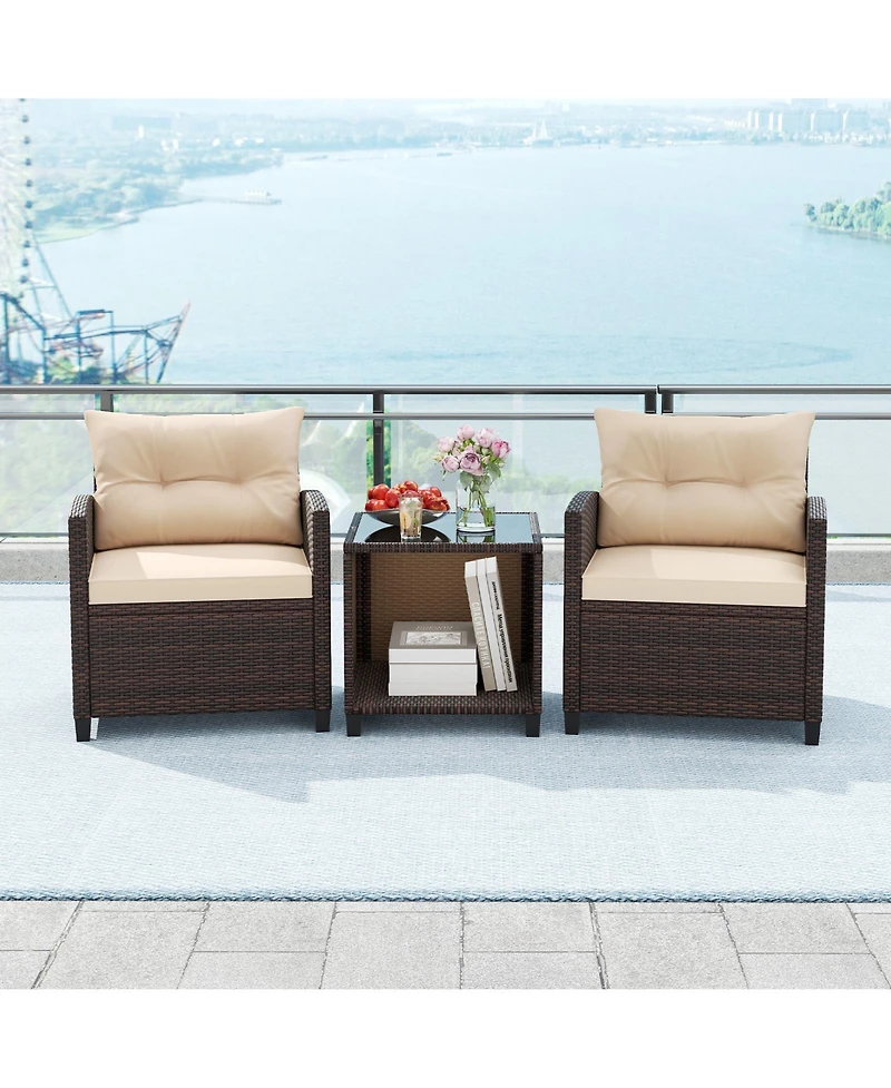 Gymax 3-Piece Patio Furniture Set Pe Rattan Conversation Set w/ Glass Coffee Table Outdoor