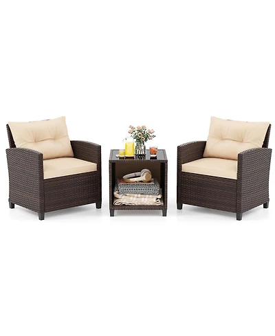 Gymax 3-Piece Patio Furniture Set Pe Rattan Conversation Set w/ Glass Coffee Table Outdoor
