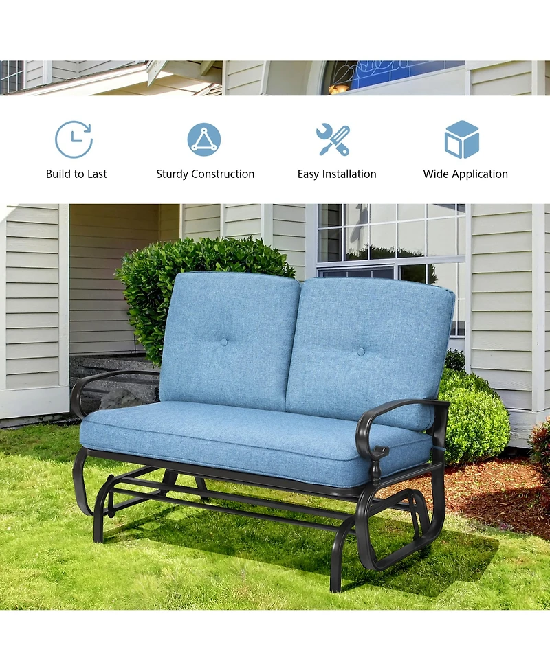 Gymax Patio Swing Glider Chair Rocking Loveseat Bench for 2 Persons with Blue Cushions