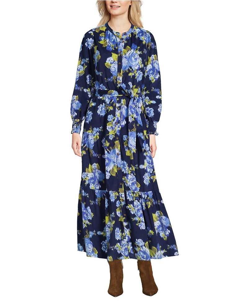Lands' End Women's Pinwale Cord Smocked Sleeve Maxi Dress