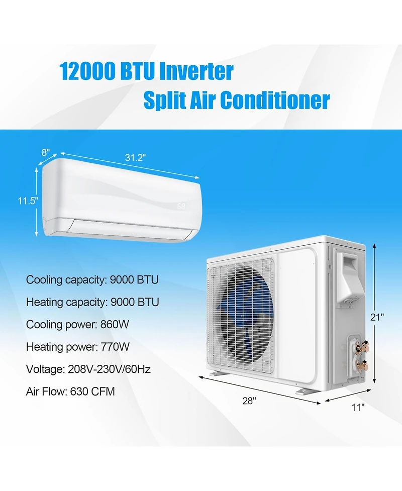Gymax 9000 Mini Btu Split Air Conditioner & Heater Wall Mount Ac Unit w/ Remote Control