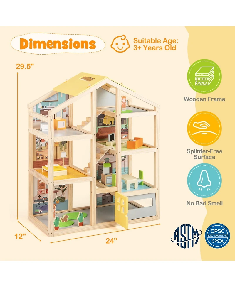 Sugift Wooden Dollhouse for Kids Modern Family Pretend Playhouse with Furniture Pieces and Figures