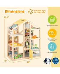 Sugift Wooden Dollhouse for Kids Modern Family Pretend Playhouse with Furniture Pieces and Figures