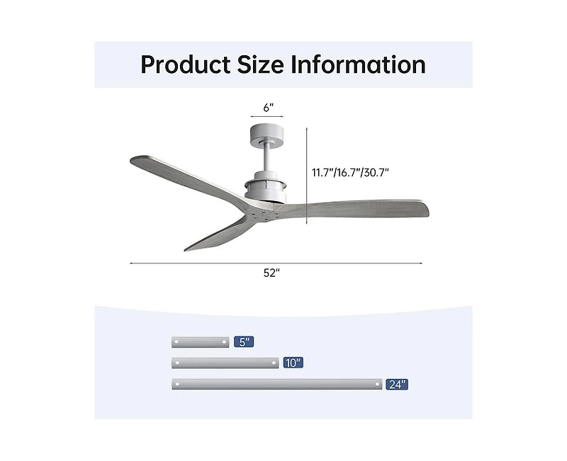 60-inch Modern Sliver 3-Blade Solid Wood Ceiling Fan Without Light With 6-Speed Remote Control and Forward Reverse Function For Indoor