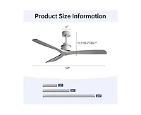 60-inch Modern Sliver 3-Blade Solid Wood Ceiling Fan Without Light With 6-Speed Remote Control and Forward Reverse Function For Indoor