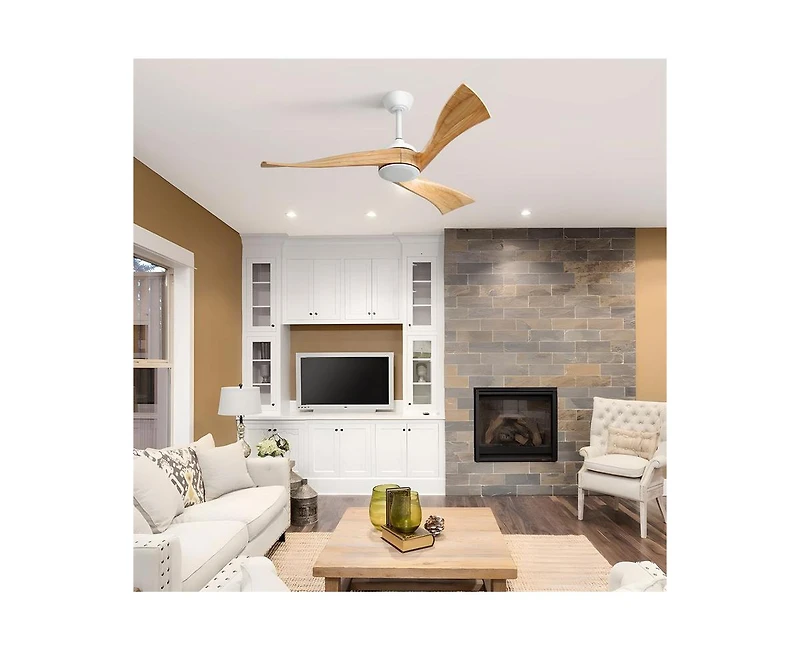 52-inch Modern White 3 Solid Wood Blade Ceiling Fan with Six Speed Remote Control and Forward Reverse Function for Bedrooms Living Rooms and Kitchens