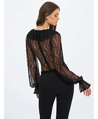 Miss Circle Women's Taliah Black Sheer Lace Ruffled Collar Bodysuit