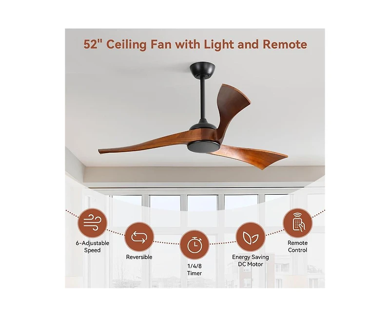 52-inch Modern 3 Solid Wood Blade Ceiling Fan with Six Speed Remote Control and Forward Reverse Function for Bedrooms Living Rooms and Kitchens