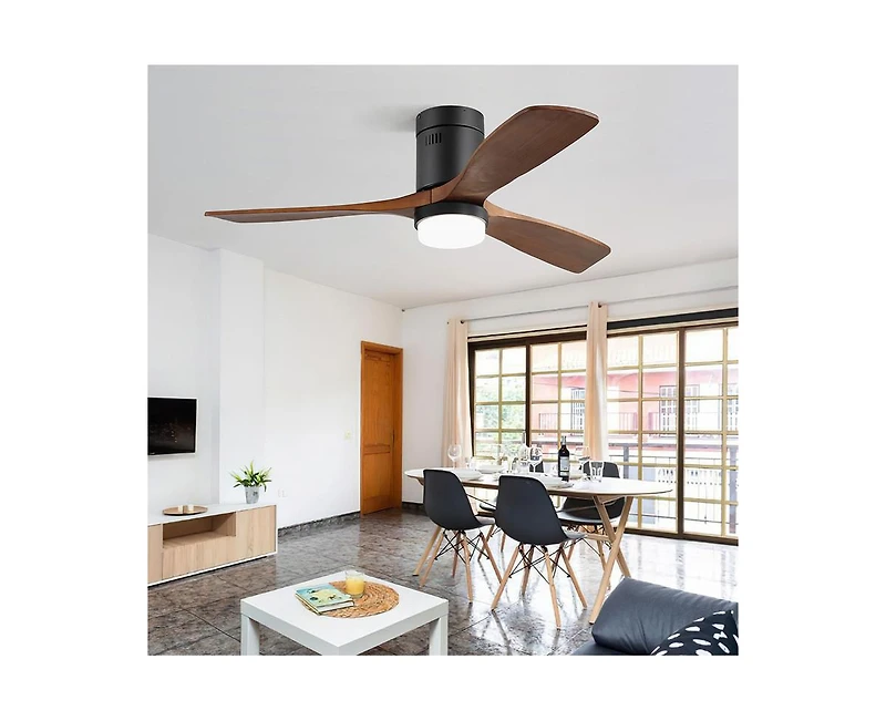 52-inch Modern Black 3 Solid Wood Blades Flush Mount Tri color Adjustable Ceiling Fan Light with Remote Control