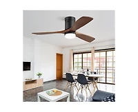 52-inch Modern Black 3 Solid Wood Blades Flush Mount Tri color Adjustable Ceiling Fan Light with Remote Control