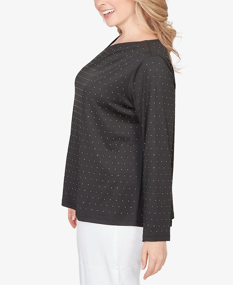 Hearts Of Palm Plus Long Sleeve Asymmetrical Neck Top with Rhinestones