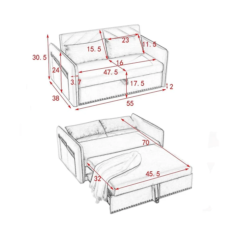 55'' Pull-Out Sleeper Sofa Bed with Usb Ports, Adjustable Backrest, Velvet 2-Seater Couch Side Pockets & Pillows-Maison Boucle