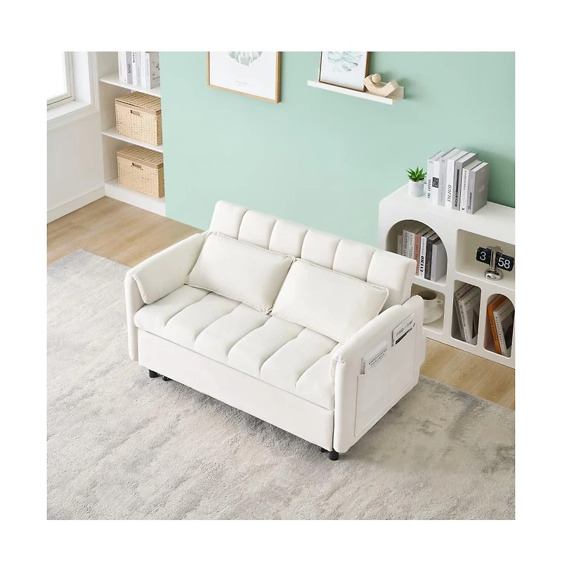 Maison Boucle 53" Pull-Out Sleeper Loveseat Sofa Bed, Convertible 3-in-1 Velvet Couch with Side Pockets & Back Support for Small Spaces-Maison