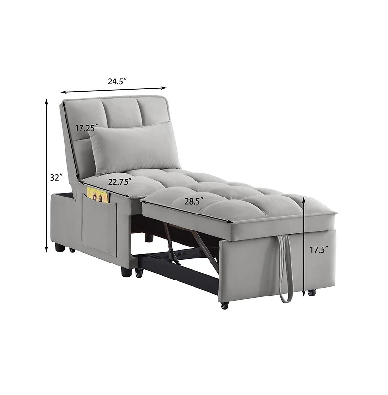 Maison Boucle 4-in-1 Single Velvet Pull-Out Sleeper Chair Bed with Adjustable Backrest, Side Pocket & Pillow for Small Spaces-Maison