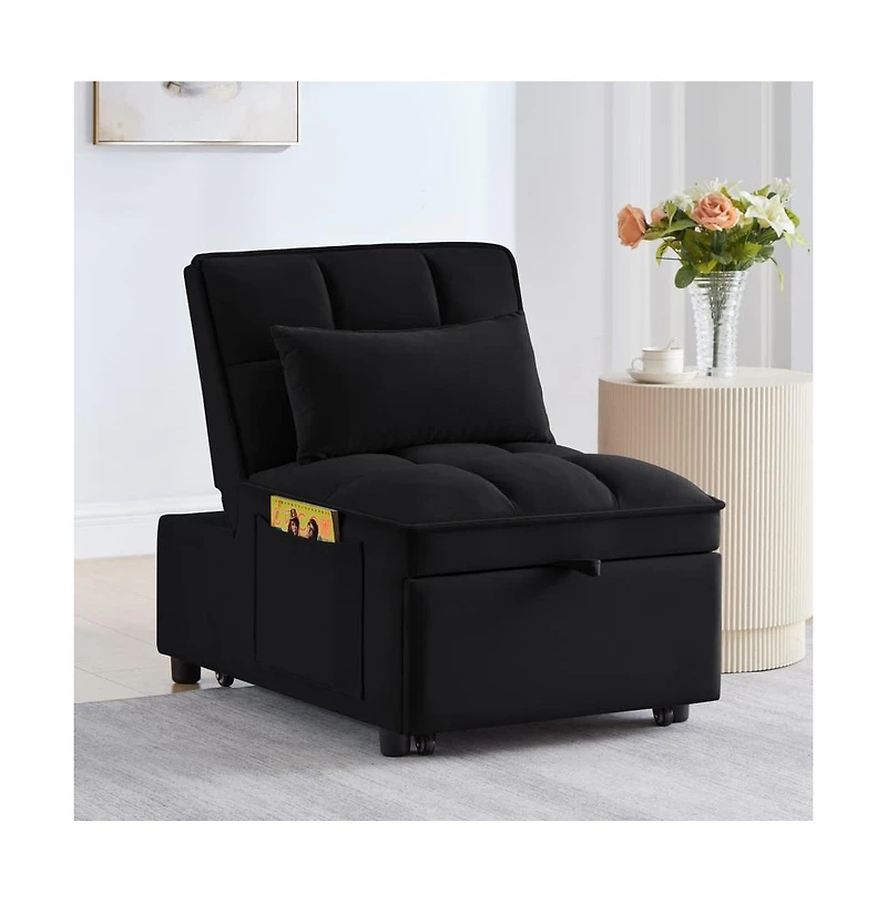 Maison Boucle 4-in-1 Single Velvet Pull-Out Sleeper Chair Bed with Adjustable Backrest, Side Pocket & Pillow for Small Spaces-Maison