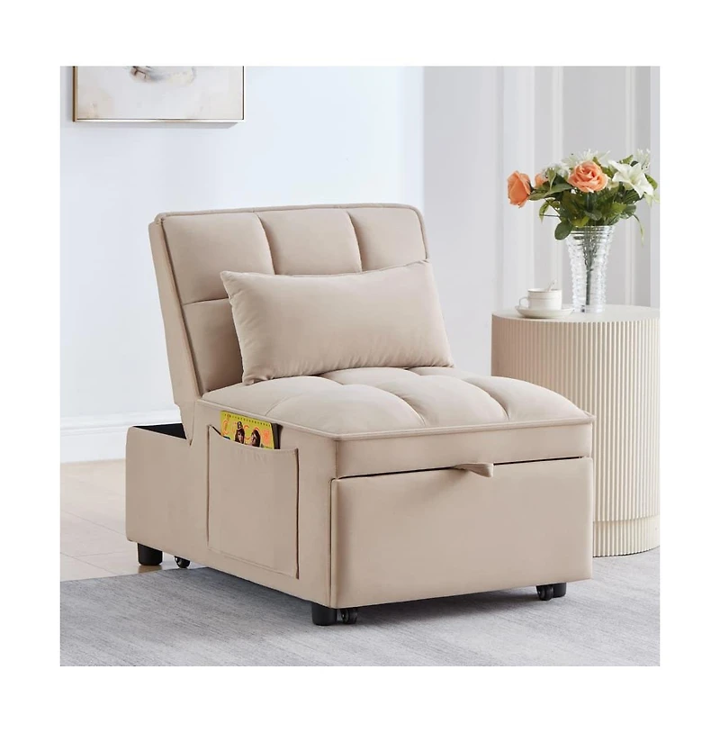 Maison Boucle 4-in-1 Single Velvet Pull-Out Sleeper Chair Bed with Adjustable Backrest, Side Pocket & Pillow for Small Spaces-Maison