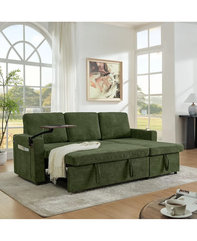 Maison Boucle Modern Chenille Upholstered Wood Pull-Out Sleeper with Led Lights, Usb Ports & Cup Holders Sofa Bed