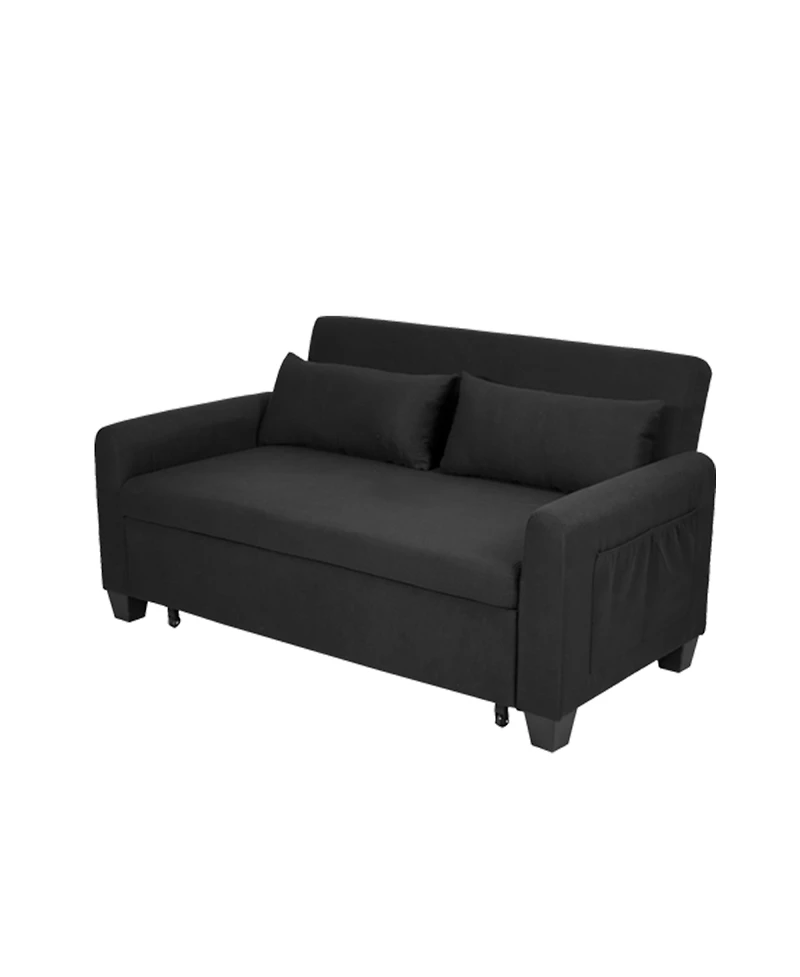 Maison Boucle 61-Inch Pull-Out Linen Sofa Bed with Extra-Wide Convertible Sleeper Loveseat, Storage Pocket & Wheels for Apartments and Guest Rooms