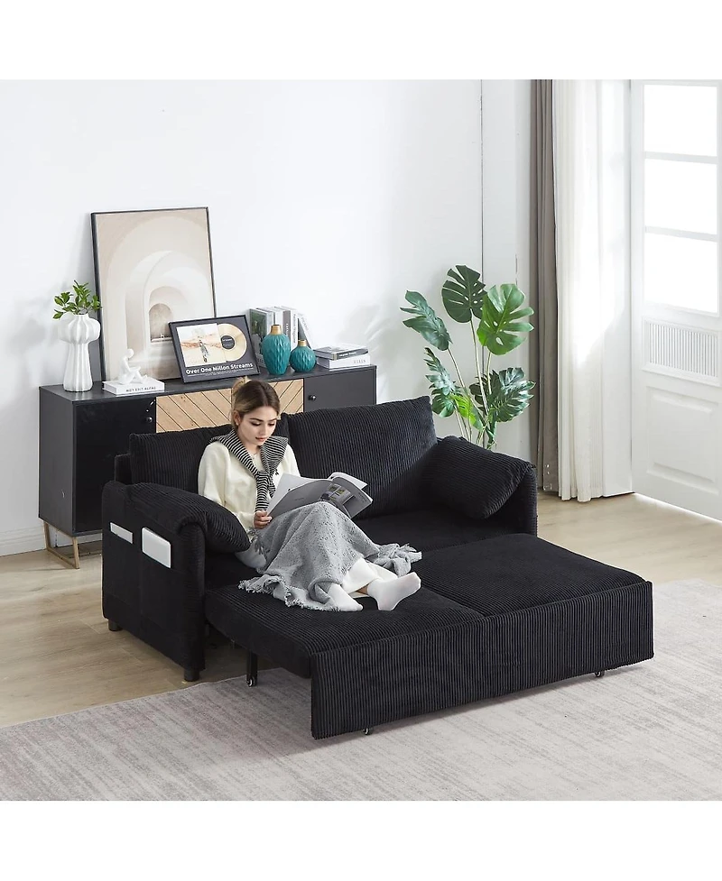 Maison Boucle 64.5 Inch 3-in-1 Corduroy Pull-Out Sleeper Sofa, Adjustable Loveseat Bed with Storage Pockets & 2 Pillows-Maison