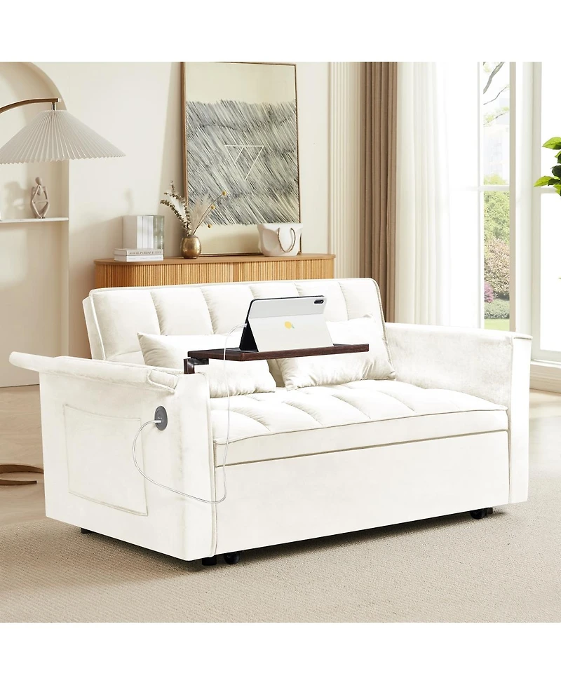 Maison Boucle 55.5'' Foldable Velvet Sofa Bed with Hidden Desk & Usb, Adjustable Sleeper Loveseat with Pillows for Small Spaces-Maison Boucle