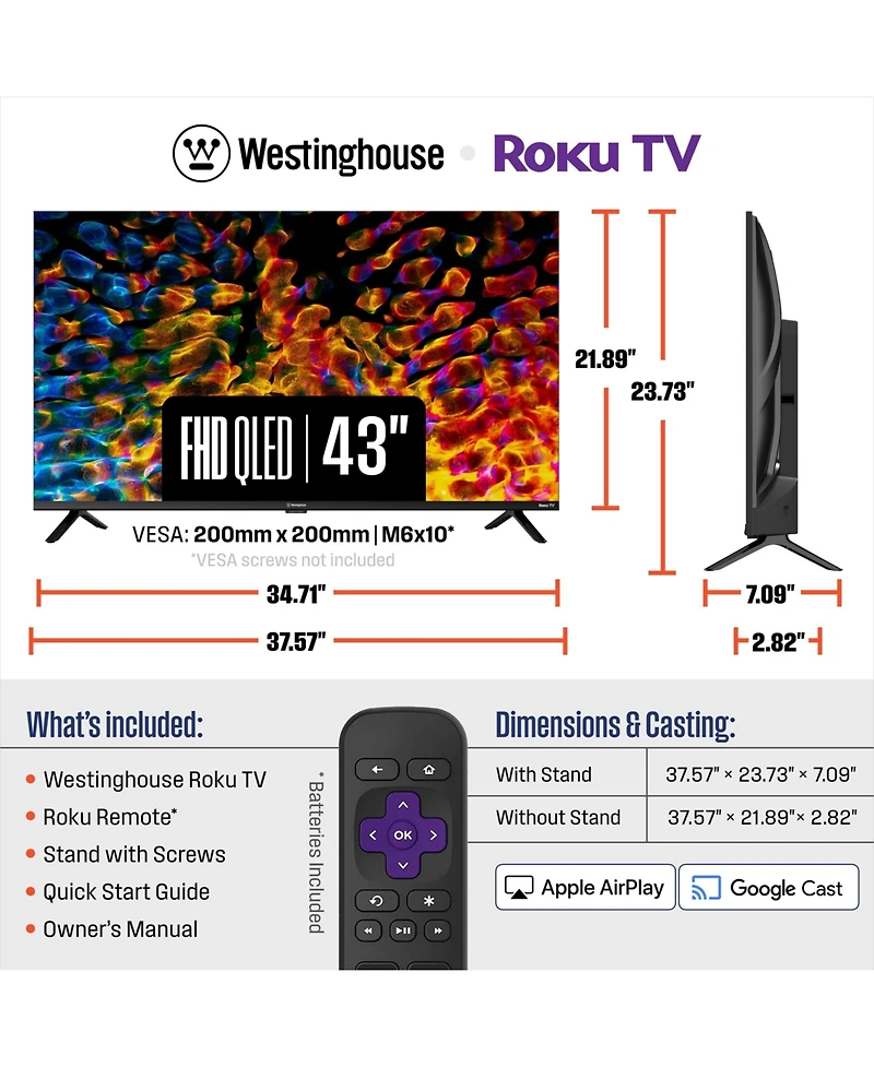 Westinghouse 43" Roku Smart Tv, Fhd Qled, Dolby Digital+, Wi-Fi, Bluetooth, AirPlay, Alexa & Google Assistant Compatible
