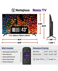 Westinghouse 43" Roku Smart Tv, Fhd Qled, Dolby Digital+, Wi-Fi, Bluetooth, AirPlay, Alexa & Google Assistant Compatible